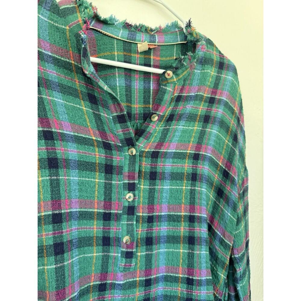 Anthropologie Pilcro Cropped Puff-Sleeve Soft Crinkle Green Plaid Blouse Small - Picture 6 of 13